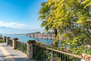 Beautiful panorama of Antalya (Turkey) on a clear sunny day. View from the observation deck, popular with tourists, near the old town.
