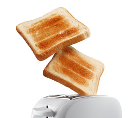Roasted toasts popping out of a white toaster, cut out - obrazy, fototapety, plakaty