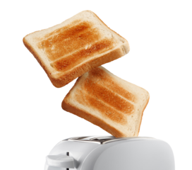 Roasted toasts popping out of a white toaster, cut out
