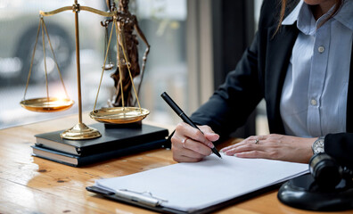 Justice lawyers, Businesswoman in suit or lawyer working on a documents. Legal law, advice and...