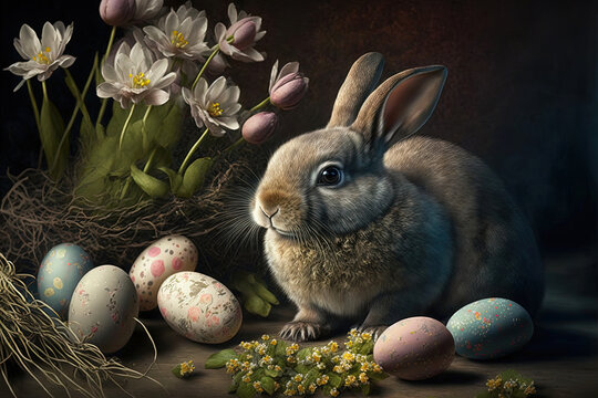Easter bunny with easter eggs illustration in old-fashioned painting style. Generative AI.