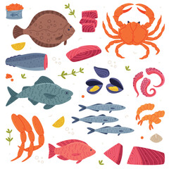 Seafood with Fish, Crustacean and Shellfish as Fresh Sea Product Vector Set