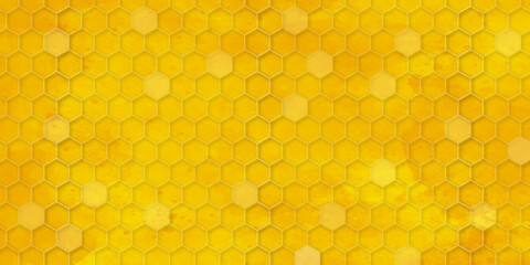 Seamless vector patterns of honey cells, combs on yellow grunge. Honeycomb background. Vector available.