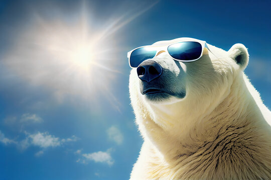 Polar bear or ice bear portrait wearing sunglasses. Global warming and climate change concept.. Generative AI.