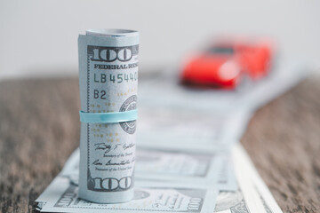 Concept of car insurance business, saving buy - sale with tax and loan for new car. Car toy vehicle...