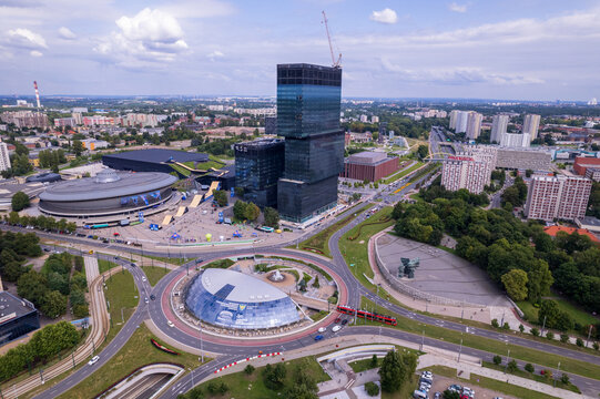 Katowice, Silesia, Poland - 21.07.2021. The most characteristic objects in the city in Silesia. Famous buildings, architecture and objects in Katowice in beautiful summer weather.