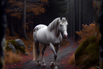 A beautiful white horse runs through the forest on a mountain path.