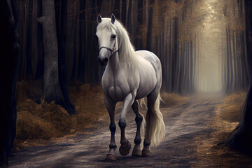 A beautiful white horse runs through the forest on a mountain path.