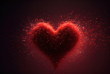 Red heart with dust particle disintegration effect on red background. Generative AI