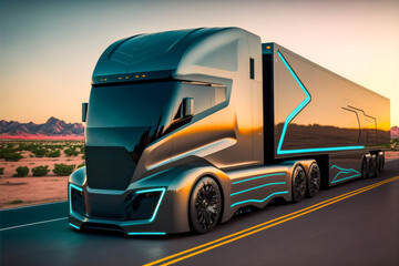 Self-driving truck on the road. Generative AI.