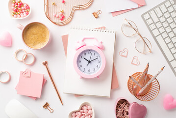8-march concept. Top view photo of alarm clock over diaries keyboard glasses pencils holders pushpins clips adhesive tape saucer with sprinkle candles and cup of coffee on isolated white background
