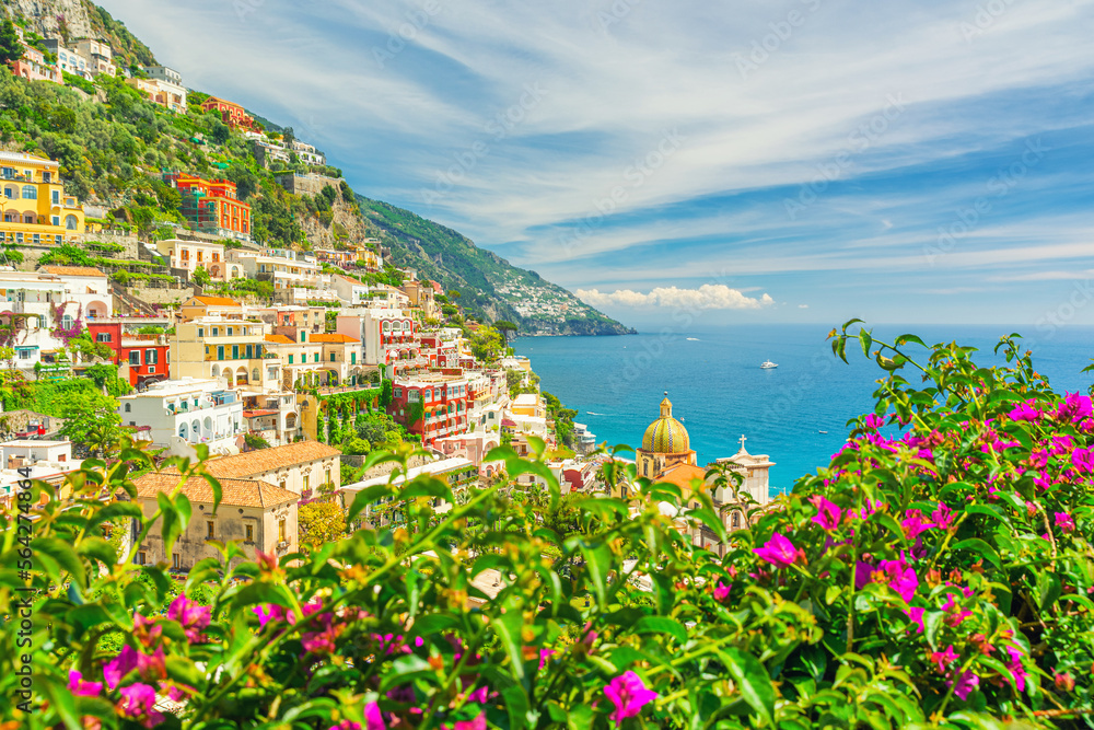 Wall mural view of positano town with flowers on amalfi coast in campania, italy. popular summer resort - Wall murals