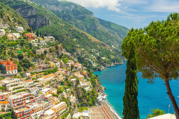 Fototapeta na wymiar Positano town on Amalfi Coast in Campania, Italy. Popular summer Mediterranean resort and travel destination