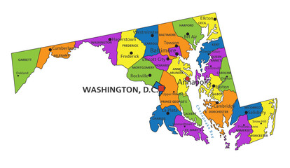 Colorful Maryland political map with clearly labeled, separated layers. Vector illustration.