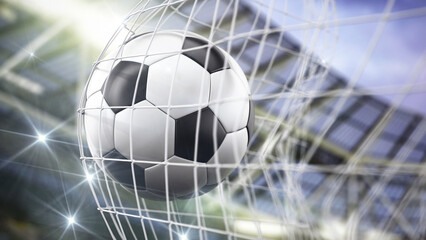 Naklejka premium Football at the back of the net. 3D illustration