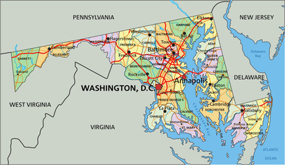 Maryland - Highly detailed editable political map with labeling.