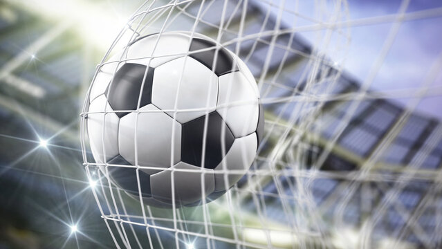 Football at the back of the net. 3D illustration