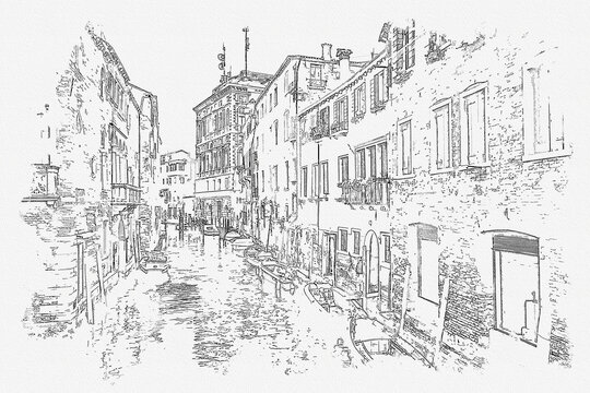 venice canal sketch, black and white, buildings clip art preview