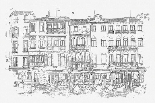 venice buildings sketch, black and white, architecture
