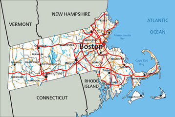 High detailed Massachusetts road map with labeling.