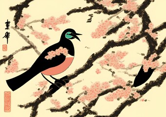 Bird in Japanese Style, Generative AI Illustration