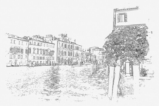 venice canal sketch, black and white cityscape clip art preview