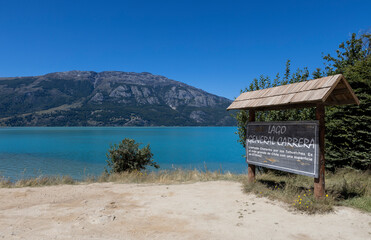 Beautiful Lago General Carrera with wooden sign in southern Chile