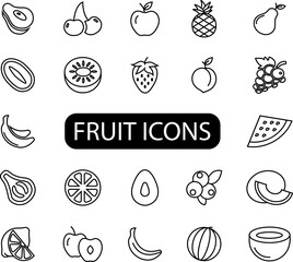 Collection of fruits and cherries. Set of simple icons in silhouette.