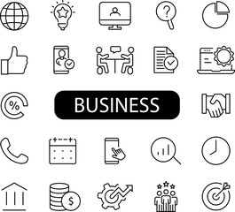 Set of outline icons about business process, finance. Collection of simple black symbols