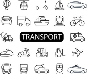 Set of outline icons about transport and delivery. Collection of simple black symbols in silhouette