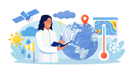 Meteorology, geophysics science. Meteorologists studying, researching climate condition. Weather forecaster predict weather with satellite service, met station and space engineering. Planetary science