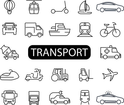 Set of outline icons about transport and delivery. Collection of simple black symbols in silhouette