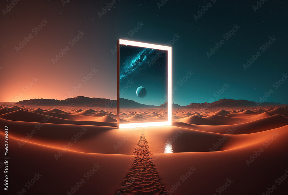 Poster a surreal night desert landscape. abstract sand dunes reflected in a square mirror. yellow neon ligh
