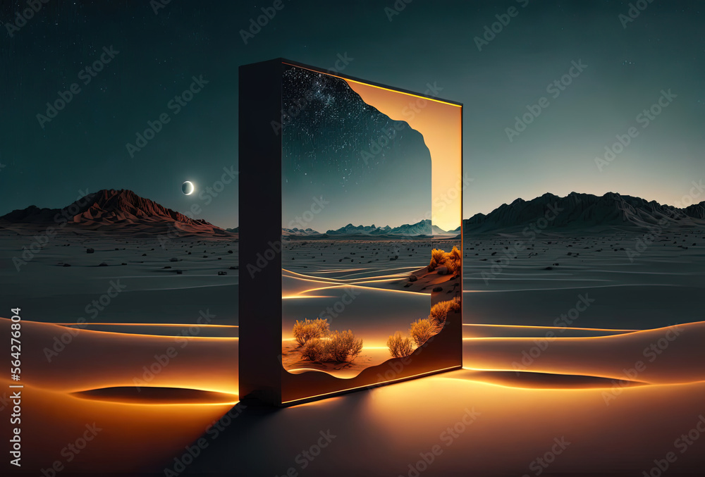 Poster a surreal night desert landscape. abstract sand dunes reflected in a square mirror. yellow neon ligh