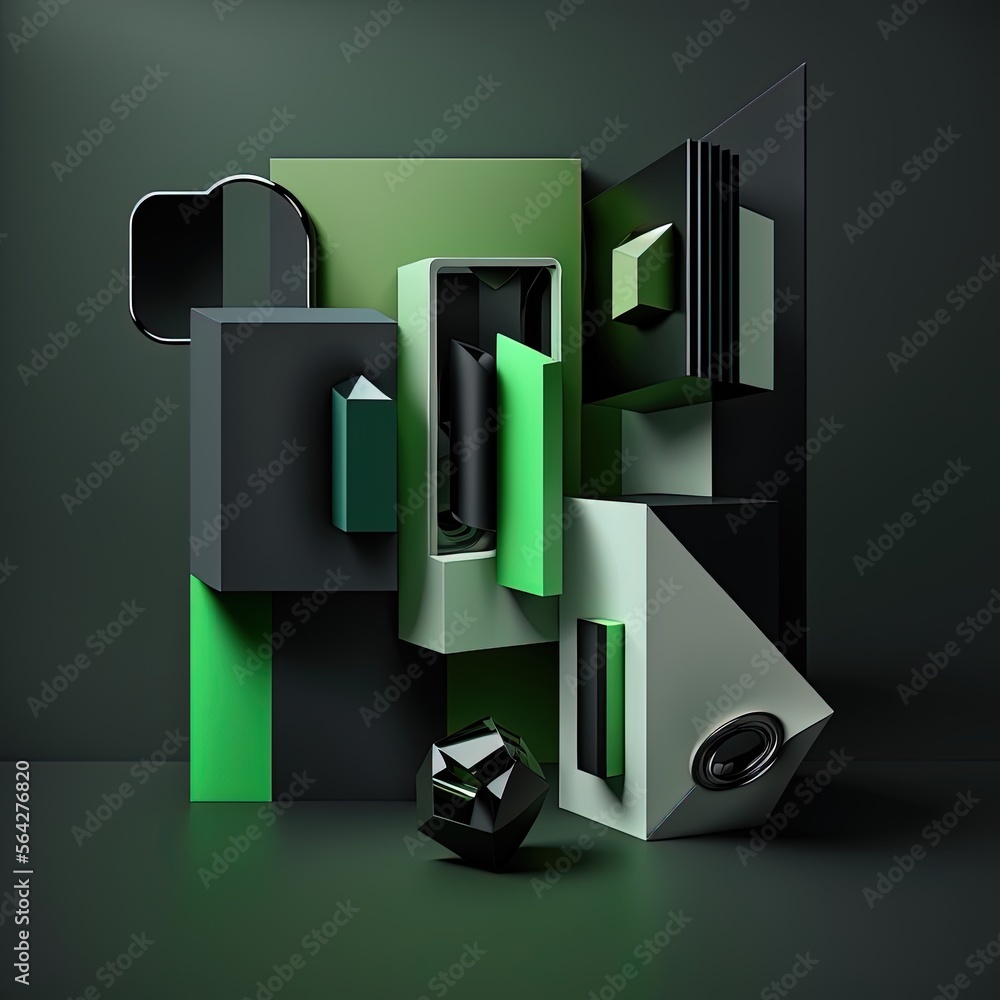 Poster abstract composition. simple geometric shapes. dark colored illustration. technical elements. 3d ren