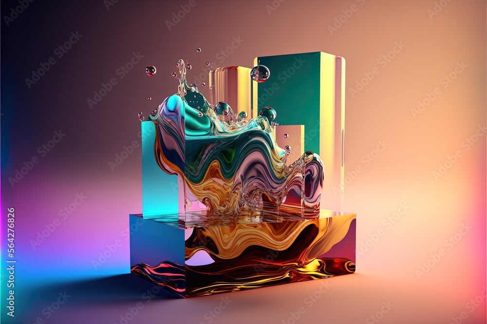 Poster simple glass figures. frozen multicolored liquid. gradient light. luxurious abstract background. 3d 
