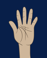 Vector isolated illustration of human hand with life lines. Palmistry.