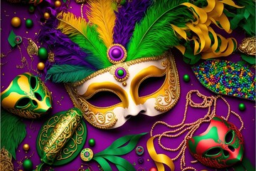 Carnival masks on a purple background. Multicolored illustration of Mardi Gras. 3D illustration. Generative AI - obrazy, fototapety, plakaty
