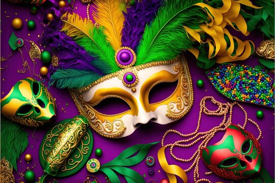 Carnival masks on a purple background. Multicolored illustration of Mardi Gras. 3D illustration. Generative AI
