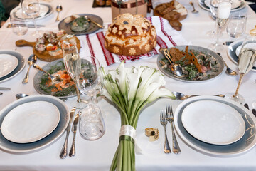 food and drinks on the table in the restaurant on the wedding day luxury
