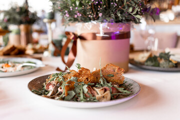 food and drinks on the table in the restaurant on the wedding day luxury