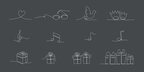 Decoration continuous line hand drawing elements set for wedding photo book, invitations. Vector stock illustration minimalism design isolated on black background. Editable stroke single line. 