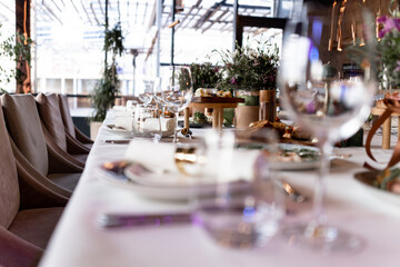 food and drinks on the table in the restaurant on the wedding day luxury