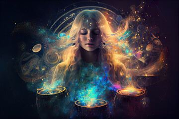 woman at night in Sound healing therapy and yoga meditation and reiki healing  uses aspects of music to improve health and well being can help your meditation and relaxation  generative ai