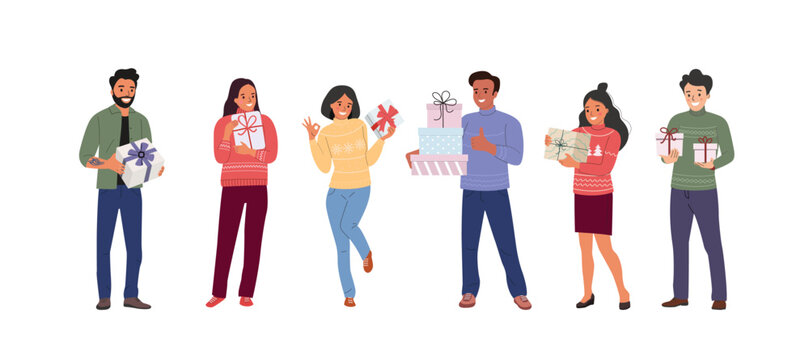 Different young women and men  holding  gifts boxes with ribbon.  People stand full body. Flat style cartoon vector illustration.