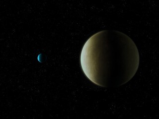 Size comparison of a gas giant with a rocky planet. A Jupiter-like exoplanet and an Earth-like planet on a black background.