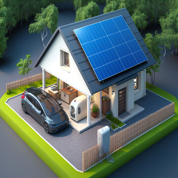 Haus mit Solardach, Elektroauto lädt vor dem Haus, bidirektionales Laden - KI generiertes Bild