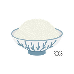Ceramic bowl full of rice. Traditional asian cuisine. Side view. Vector clipart.