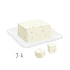 Tofu on ceramic plate. Traditional ingredient of asian cuisine. Vector clipart.