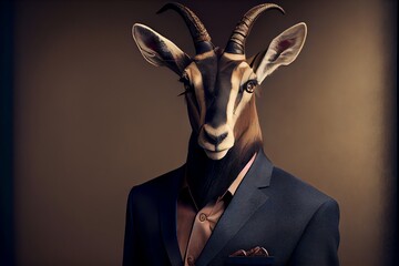 Portrait of a Chamois dressed in a formal business suit. Generative AI
